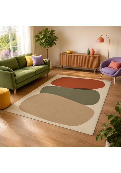 Kartela Halı Katman Taş Desenli Modern Halı Bej Kaymaz Taban Makinede Yıkanabilir 60x90 Cm