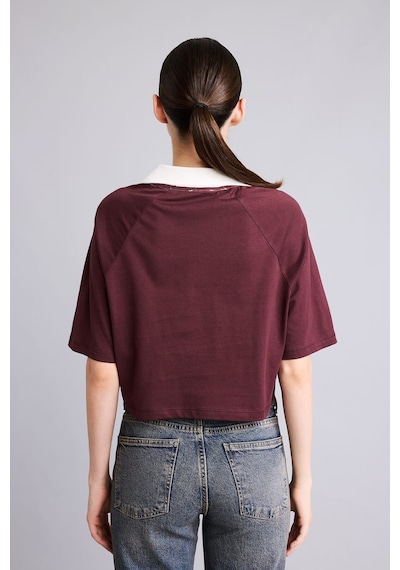 Defacto %100 Pamuk Oversize Kontrast Polo Yaka Baskılı Crop Tişört I6806ax26aubr2 Bordo-br2