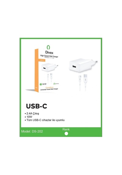 Divex Type-c Usb Kablo - Adaptör 2.4a Ev Tipi Şarj Aleti Ds-202