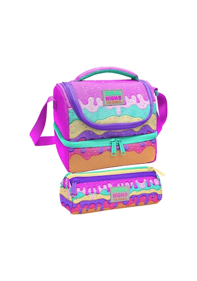 Coral High Kız Çocuk Çok Renkli Dondurma Desenli İki Katlı Beslenme Çantası Ve Kalemlik Seti 37211+22031 Pembe