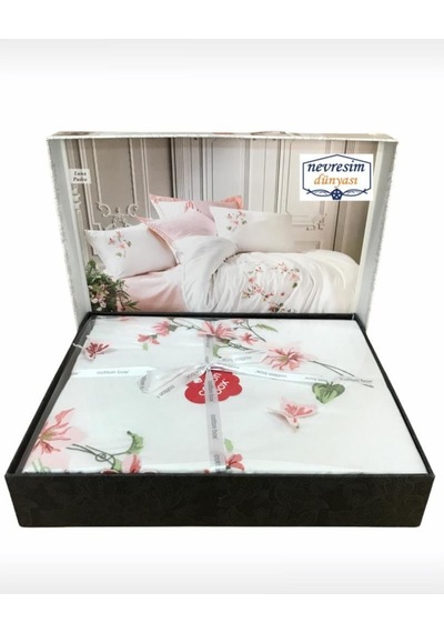 Cotton Box 3D Nakışlı Çift Kişilik Saten Nevresim Takımı Luna Pud Çiçekli
