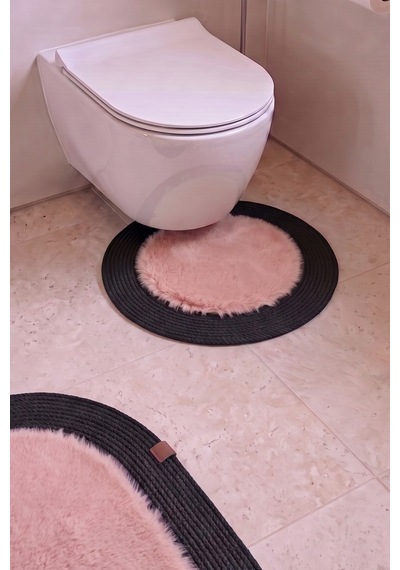 Banyo Paspası Takımı 60x100+60x60 Cm Düz Pembe & Siyah