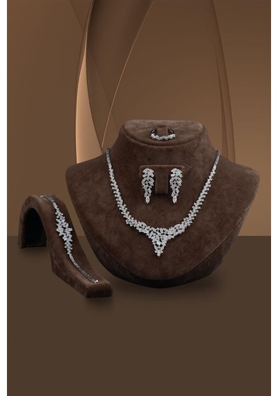 Kadın Gümüş Set - Balın Zirconia Taşlı Su Yolu Set • Işıklı Kutuda • Düğün • Nişan • Gelin Seti