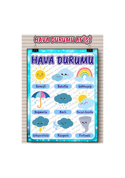 Hava Durumu Afişi Eğitici Çocuk Posteri Okul Öncesi İlkokul Sınıf Duvar Panosu Öğretmen Materyali 30x42cm A3 Kalın Kuşe Kağıt