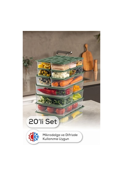 Vienev 20li Buzdolabı Dondurucu Organizer Ve Saklama Kabı Yeşil 12x 350ml 4x 1,75lt 2x 1,65lt 2x 3,5lt Yeşil