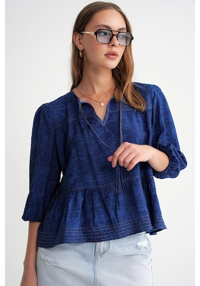 Mixray 4704 Kadın Fırfırlı Balon Kol Kısa Denim Bluz Lacivert