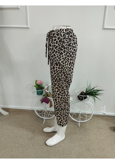 Butik İstanbul Kadın Yüksek Bel Bağcıklı Leopar Desenli Modal Pantolon