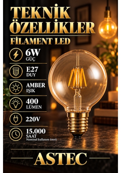 Astec E27 Glop 6 Watt Filament Ampul Amber Işık Dekoratif Filament Led Tombul Ampul