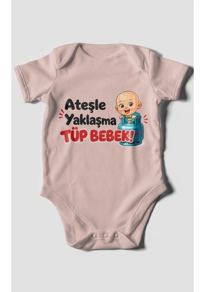 Morivokids Ateşle Yaklaşma Tüp Bebek Kısa Kollu Bebek Body %100 Pamuk Pastel Pembe