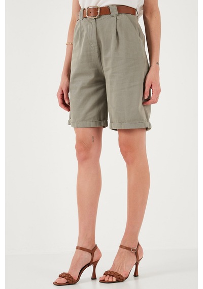 Lela Pamuklu Relaxed Fit Yüksel Bel Kemerli Gabardin Short Bayan Şort 668Yp4710 Açık Haki