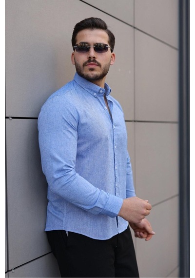 Baselco Premum Dik Yakalı Slim Fit Keten Görünümlü Gömlek Çok Renkli