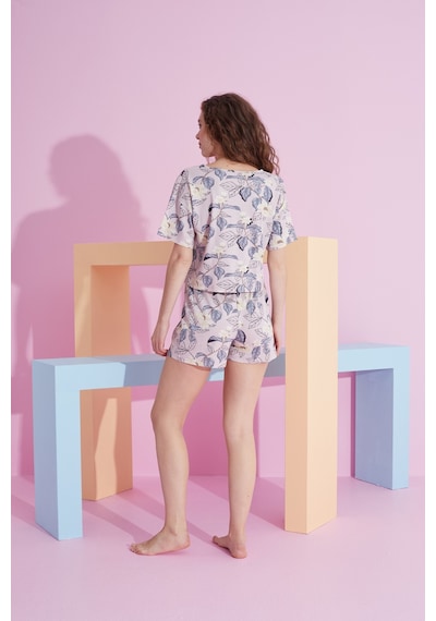 Siyah İnci Likralı Örme T-shirt-şort Pijama Takım 7809 Yaprak Desen