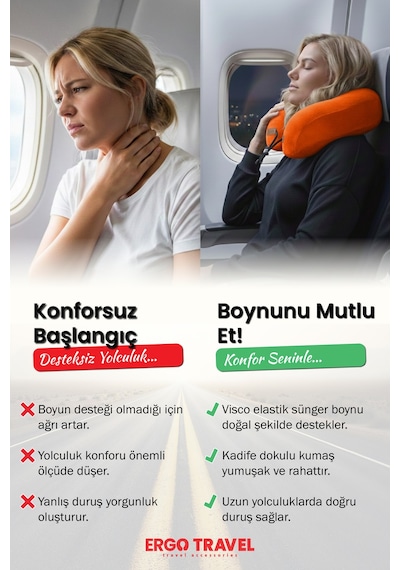 Viscofoam Lux Ortopedik Seyahat Yastığı Visco Boyun Destekli Seyahat Yastığı - Turuncu | Ergo Travel
