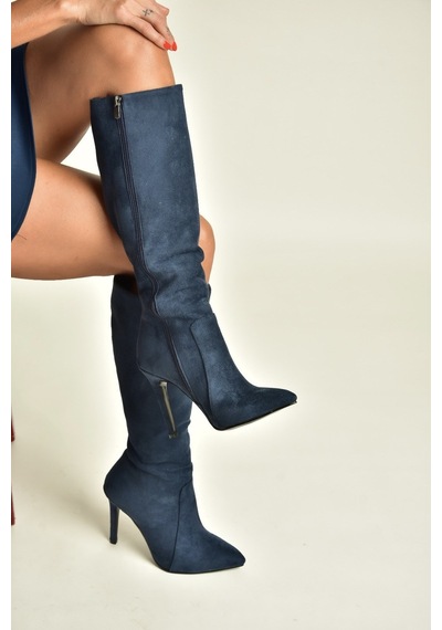 Fox Shoes N372530102 Lacivert Süet İnce Topuklu Kadın Çizme