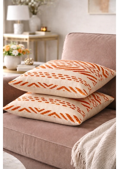 Faralya Life Baskılı Geometrik Desenli 2 Li Kırlent Kılıfı 45x45 Cm Dekoratif Koltuk Yastık Kılıfı Modern Salon Dekoru Açık Pudra Turuncu