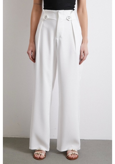Never More Bel Detaylı Wide Leg Pantolon Ekru Ekru