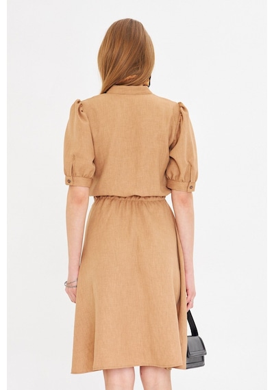 Armonika Kadın Camel V Yaka Beli Lastikli Kısa Kollu Kloş Elbise Arm-25y001001