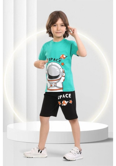 Veramoni Yazlık Çocuk Space Baskılı Kısa Kollu Bisiklet Yaka T-shirt Şort Alt Üst Takım Yeşil