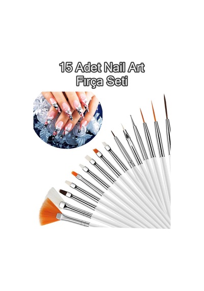 15 Adet Nail Art Dizayn Ve Jel Fırça Seti Tırnak Süsleme Fırça Seti Beyaz