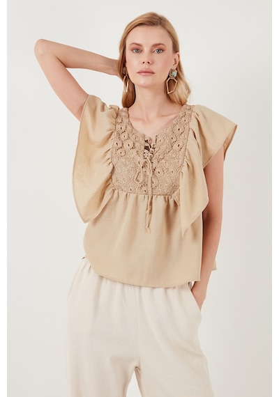 Lela Regular Fit Önden Bağlamalı Volanlı Bayan Bluz 611Fb20064 Taş