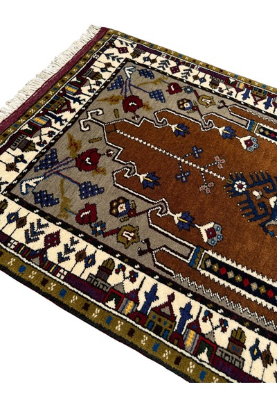 El Dokuması Sıfır Yahyalı Seccade 85x140 Kahverengi Beyaz Kök Boya %100 Yün Açık Kahverengi
