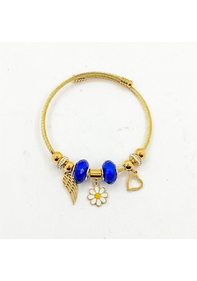 Çelik Gold Renk Mavi Kristal Taşlı Papatya Figür Zirkon Taş Detay Charm Model Kadın Bileklik