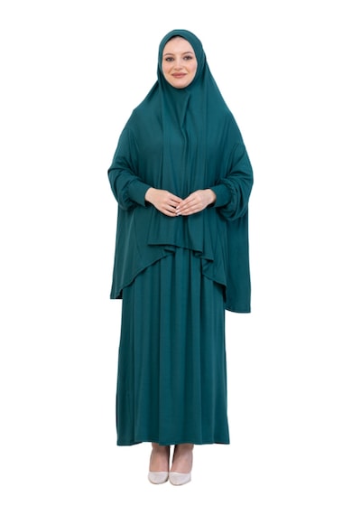 Modish Group İki Parça Namaz Elbisesi Uzun Pamuklu Tesettür Giyim Abaya & Başörtüsü Set Zümrüt