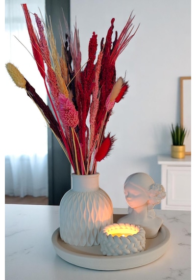 Dekoratif 4 Parça Vazo Seti - Vazo, Yuvarlak Tepsi, Tealight Mumluk, Dekoratif Kız Beyaz