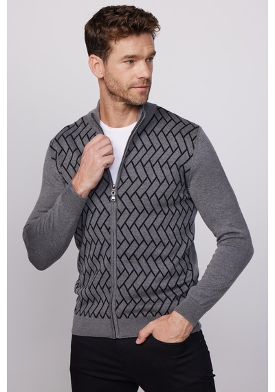 Tudors Erkek Slim Fit Dar Kesim Yarım Balıkçı Yaka Fermuarlı Önü Desenli Gri-siyah Hırka-29525-multi Gri