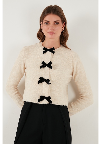 Lela Regular Fit Bisiklet Yaka Kurdele Detaylı Premium Bayan Hırka 680Hi00105 Taş