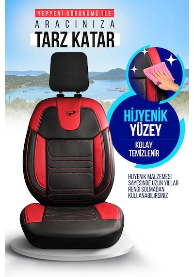 Siyah - Kırmızı Garni Panda Rodos Serisi Deri Ortopedik Oto Koltuk Kılıfı - Tam Set