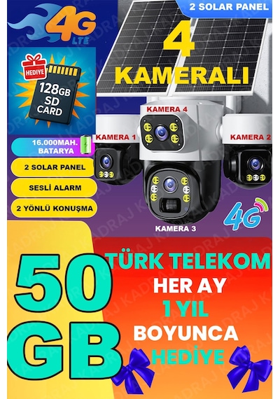 Kadraj X34b 4 Kameralı, 4g Sim Kartlı, 2 Solar Panel Destekli, 50gb Türk Telekom M2m Hat li