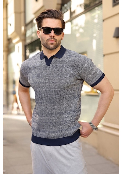 Madmext Lacivert Polo Yaka Regular Fit Erkek Triko Tişört E7496