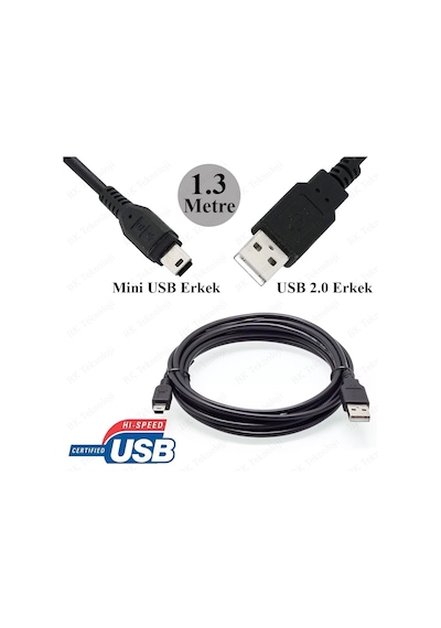 USB 2.0 Erkek to Mini USB Erkek Veri Şarj Kablosu 1.3 Metre