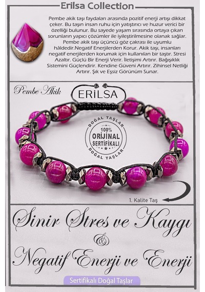 Sertifikalı Aaa+ Kalite Doğal Pembe Akik Taşı Bileklik - Stresi S Çok Renkli