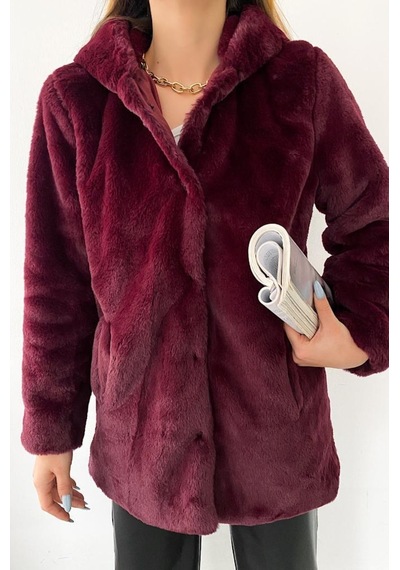 Femelle Kadın Bordo Astarlı Peluş Kapüşonlu Kürk Kaban Mont Kürk