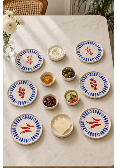 Blue Bon Appetit 12 Parça 6 Kişilik Stackable Seramik Kahvaltı Takımı Lüx Sunum Seti Tabağı Beyaz