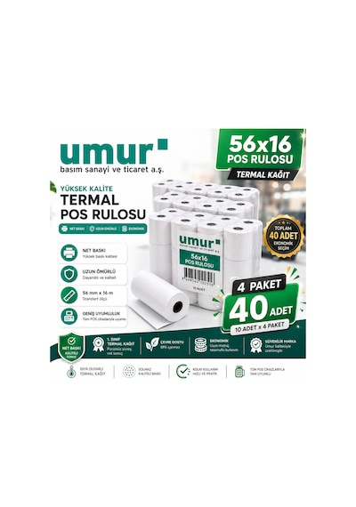 56x16 Mm Termal Pos Rulosu Pos Kağıdı 40 Adet 4 Paket X 10 Adet