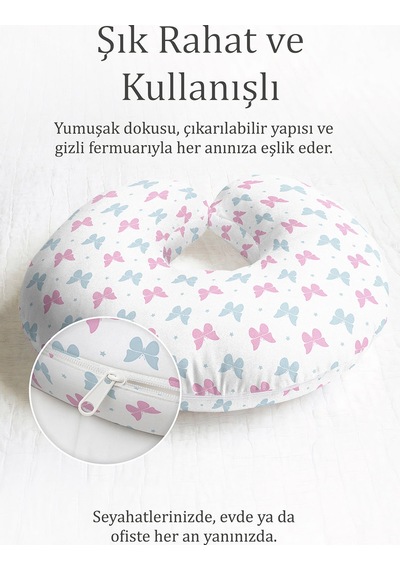 Kelebek Desenli Pamuklu Boyun Yastığı - Pastel Pembe Mavi Çocuk & Yetişkin Seyahat Yastığı Doygun Taş Eflatun