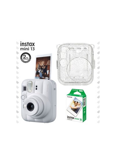 Instax Mini 13 Beyaz Fotoğraf Makinesi Simli Pleksi Kılıf Ve 10'lu Film Hediye Seti
