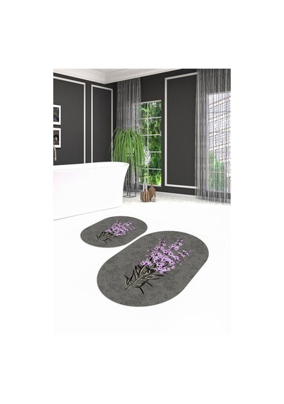 Buççin Online Mağaza Dijital Baskılı Kaymaz Taban Yıkanabilir Oval Banyo Takımı Klozet Takımı Polyester Gri Çok Renkli