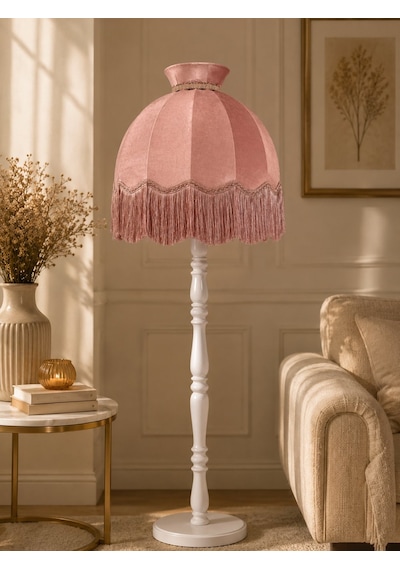 Pembe Kadife Başlık Beyaz Ahşap Ayaklı Taçlı Lambader Vintage Model 50x170cm
