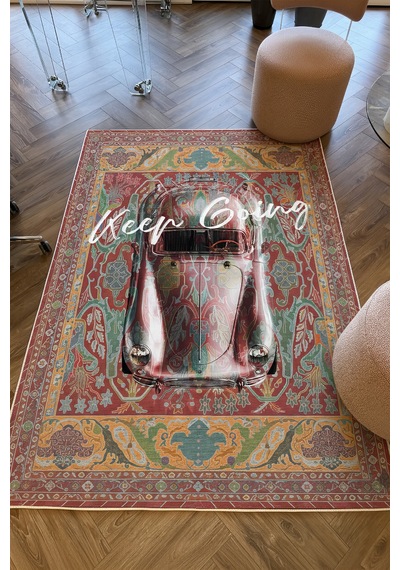 Retro 101 Kiremit Rengi Yeşil Vintage Araba Figürlü Modern Tasarım Halı Salon Oturma Ev Oda Halısı Kiremit Yeşil