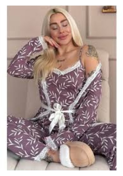 Dgestivaa Kadın 3'lü Pijama Takımı Mor Beyaz