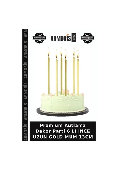 Premium Kutlama Dekor Parti 6 Lı İnce Uzun Gold Mum 13cm