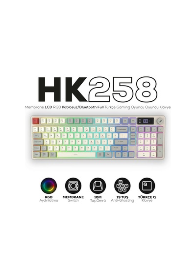 Hk258 Membrane Lcd Rgb Kablosuz/bluetooth Siyah Turuncu Full Türkçe Gaming Klavye Kırmızı Haki