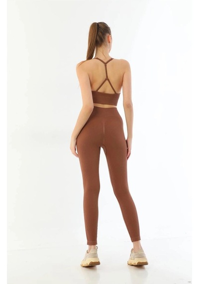 Kahve 3921 Soft Seamless Ripli Tayt Yoga Takımı