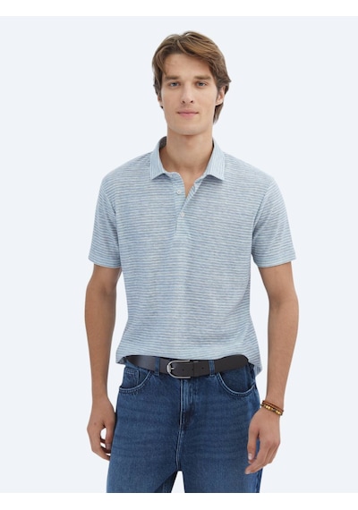 Kip Mavi Baskılı Polo Yaka Pamuk Karışımlı T-shirt Mavi