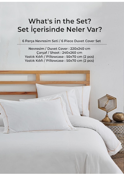 300 Tc King Pamuk Saten Nakışlı Nevresim Takımı Battal Çift Kişilik 6 Parça Krem Kırık Beyaz Secret