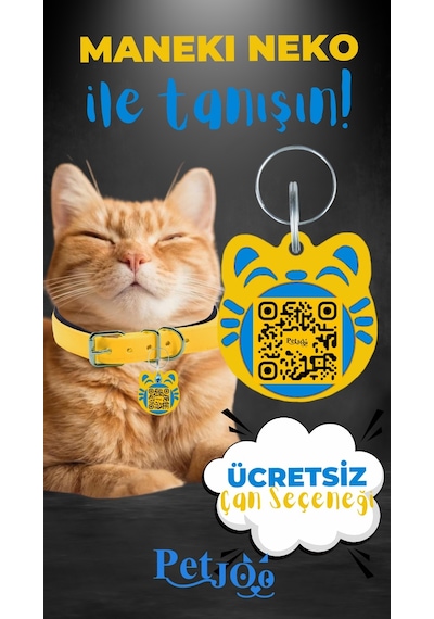 Petjoo 4.Maneki Neko Mavi-Sarı Qr'lı Kedi Künyesi